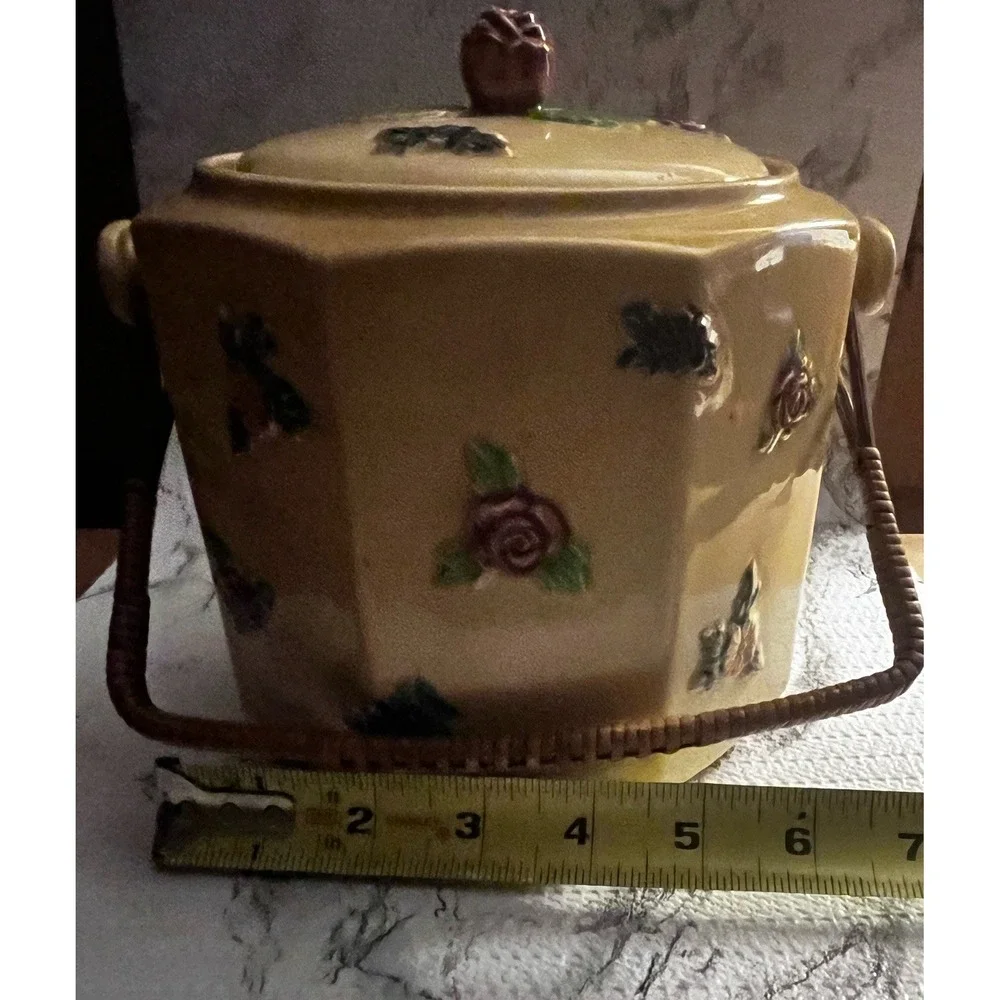 VINTAGE handpainted YELLOW BISCUIT JAR WITH RATTAN HANDLE